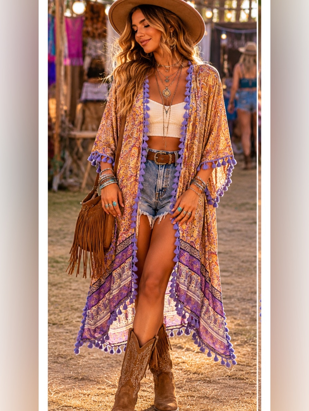 Ces Femme Boho Floral Paisley Pom Pom Tassel Kimono Cardigan Duster OSFM